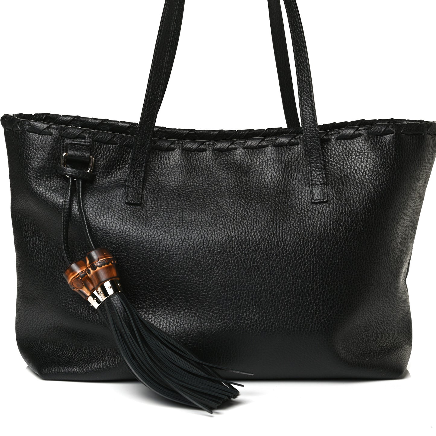 Pebbled Calfskin Bamboo Tassel Tote Black