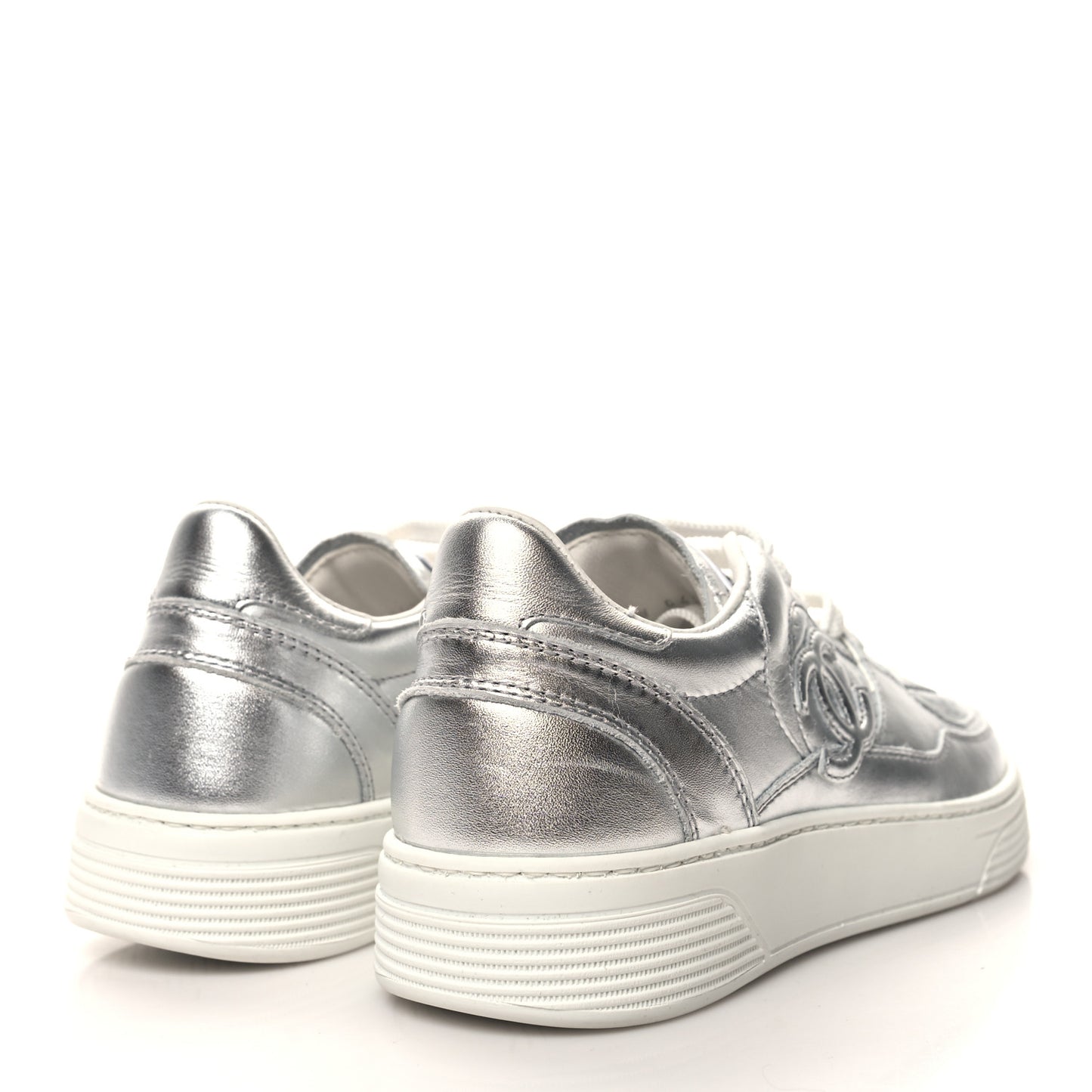 Laminated Calfskin CC Womens Sneakers 36 Silver