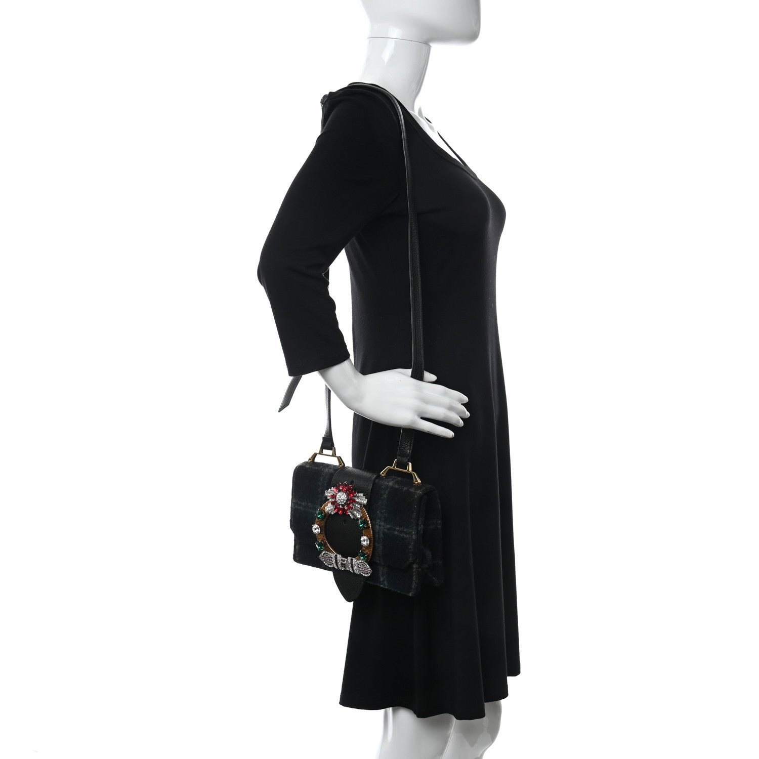 Miu Miu Wool Plaid Crystal Embellished Shoulder Bag Blue 2 of 11