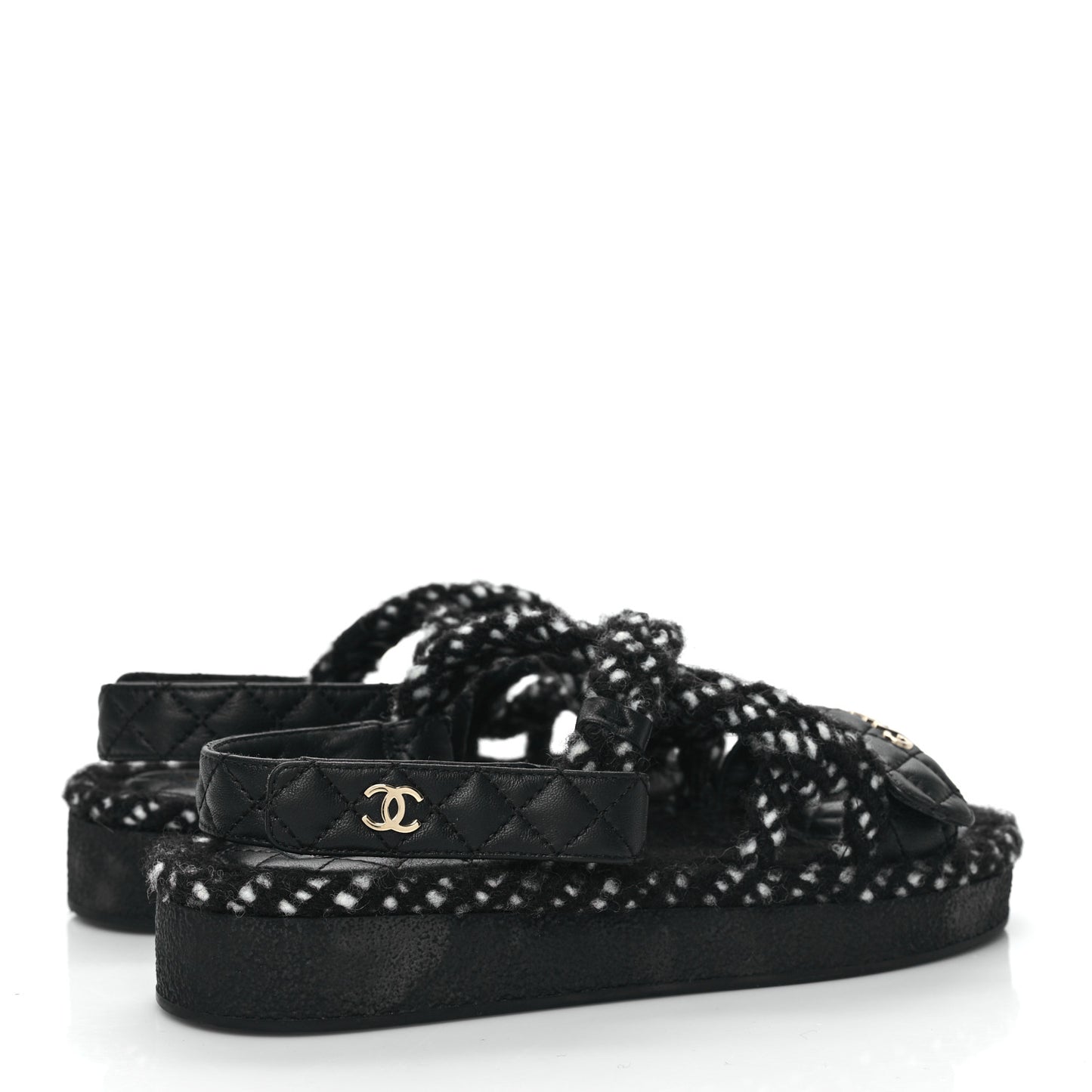 Cord Lambskin Quilted Logo Sandals 36 Black White