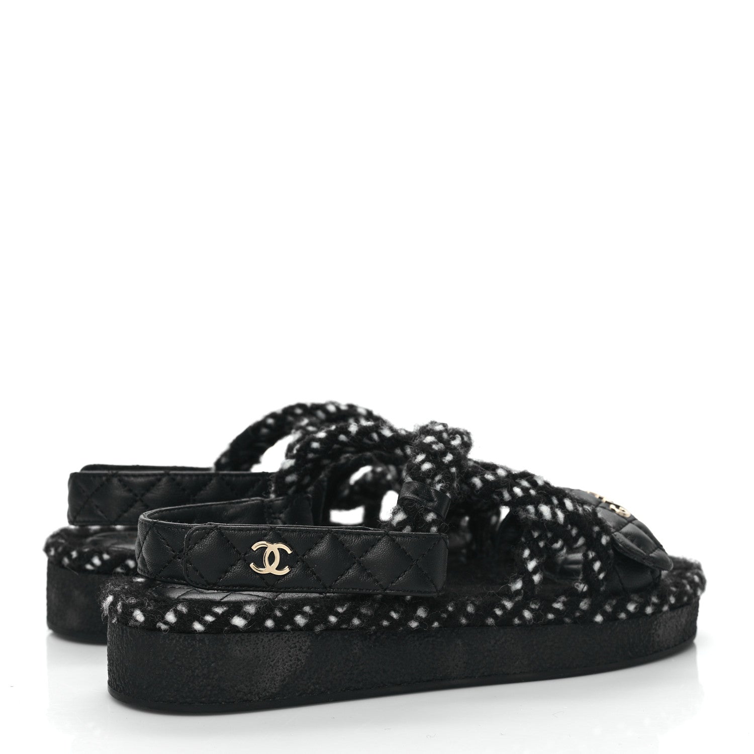 Chanel Cord Lambskin Quilted Logo Sandals 36 Black White 4 of 7