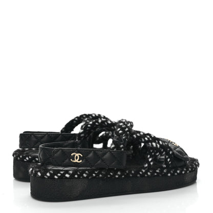 Chanel Cord Lambskin Quilted Logo Sandals 36 Black White 4 of 7