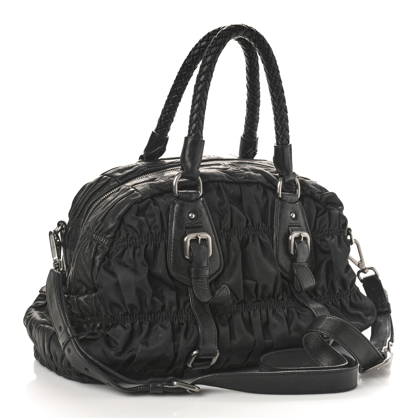 Tessuto Nylon Nappa Braided Gaufre Shopping Satchel Black