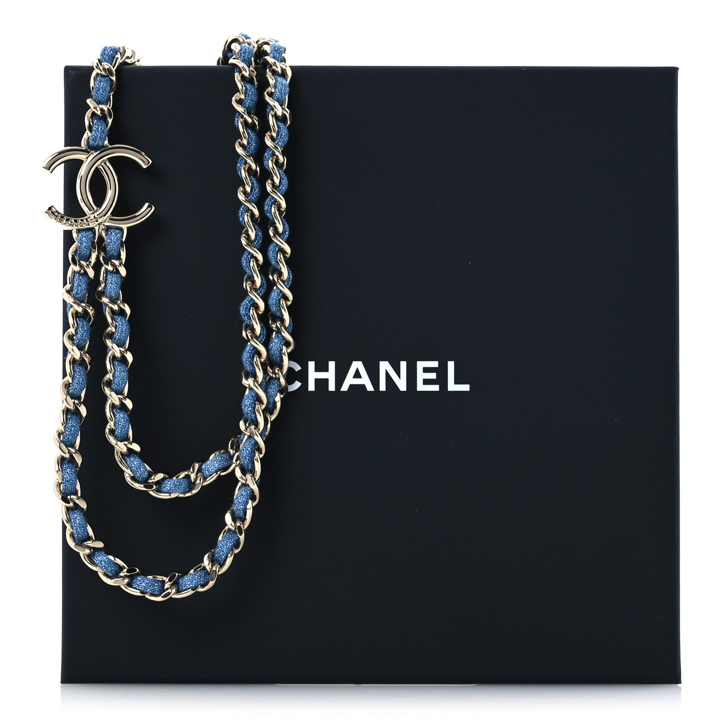 Metal Denim CC Double Chain Necklace Blue Gold