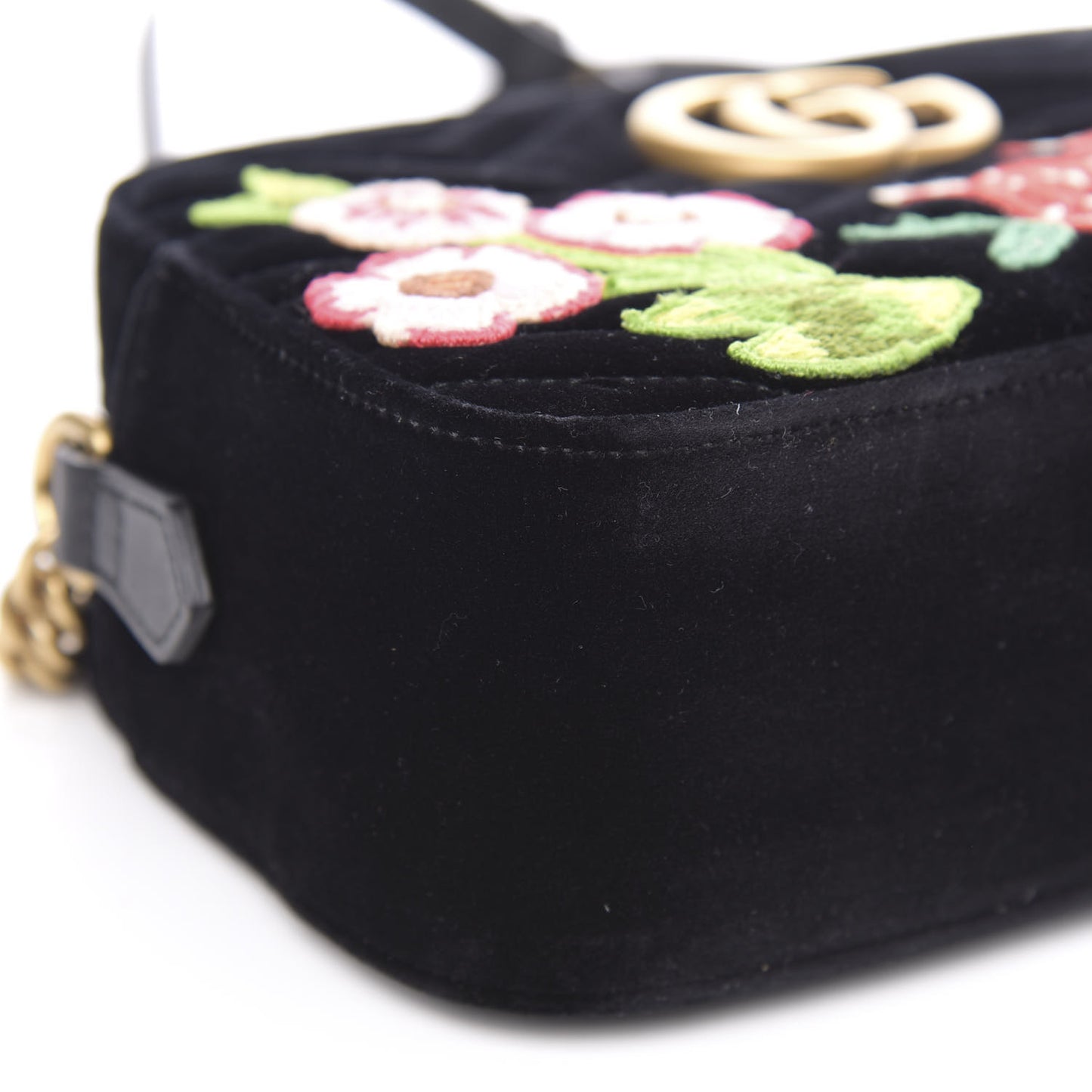 Velvet Matelasse Deer Embroidered Small GG Marmont Chain Shoulder Bag Black
