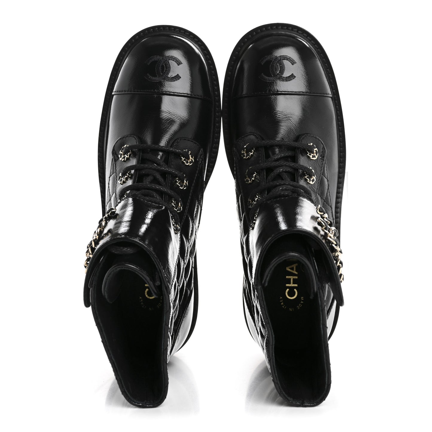 Shiny Calfskin Quilted Lace Up Combat Boots 38.5 Black