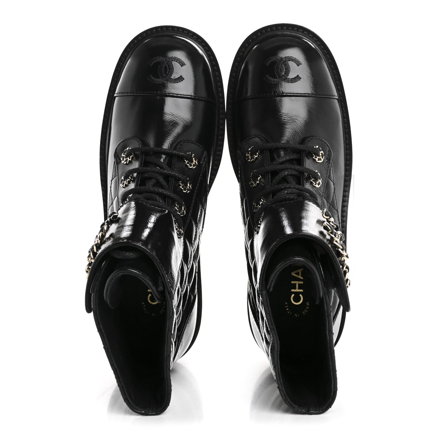 Chanel Shiny Calfskin Quilted Lace Up Combat Boots 38.5 Black 2 of 10