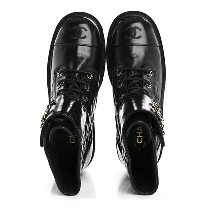 Chanel Shiny Calfskin Quilted Lace Up Combat Boots 38.5 Black 2 of 10