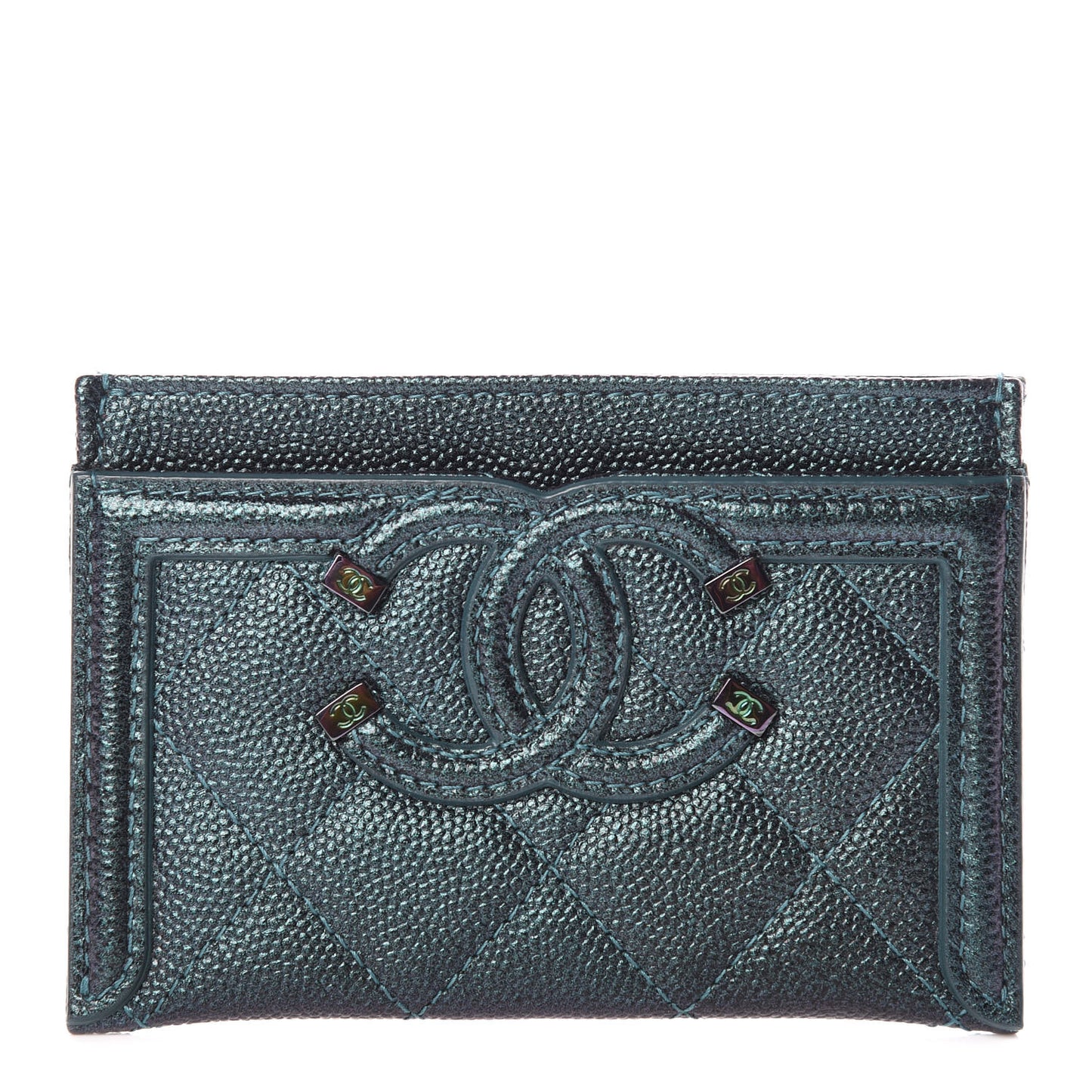 Iridescent Caviar Quilted Filigree Card Holder Dark Turquoise