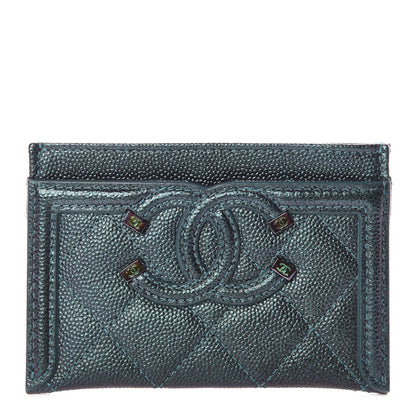 Chanel Iridescent Caviar Quilted Filigree Card Holder Dark Turquoise 1 of 8