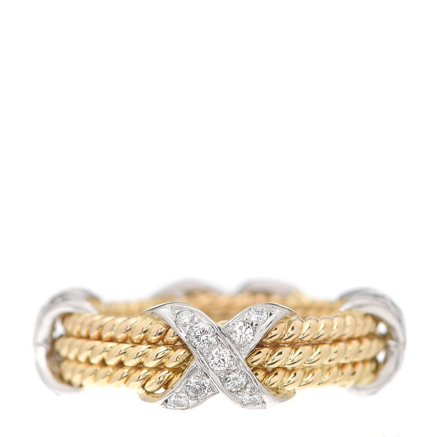 18K Yellow Gold Platinum Diamond Schlumberger Rope 3 Row X Ring 50 5.25