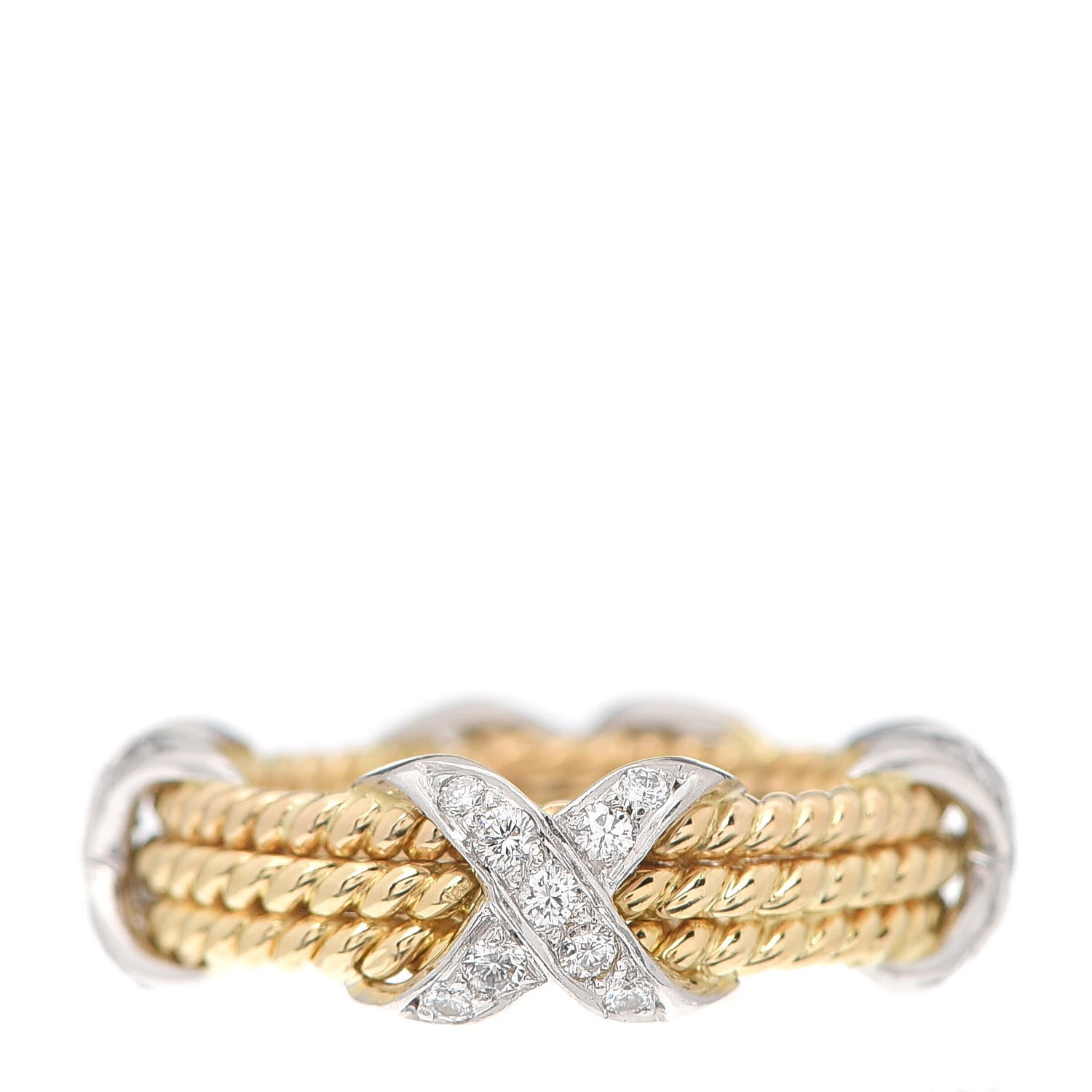 Tiffany 18K Yellow Gold Platinum Diamond Schlumberger Rope 3 Row X Ring 50 5.25 1 of 4
