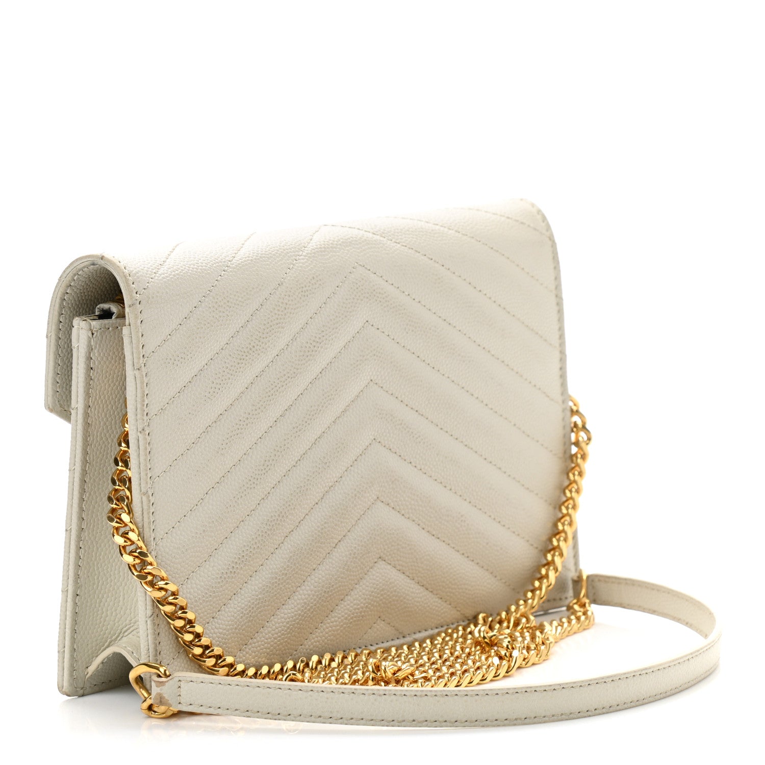 Saint Laurent Grain De Poudre Matelasse Chevron Monogram Envelope Chain Wallet Crema Soft 3 of 14