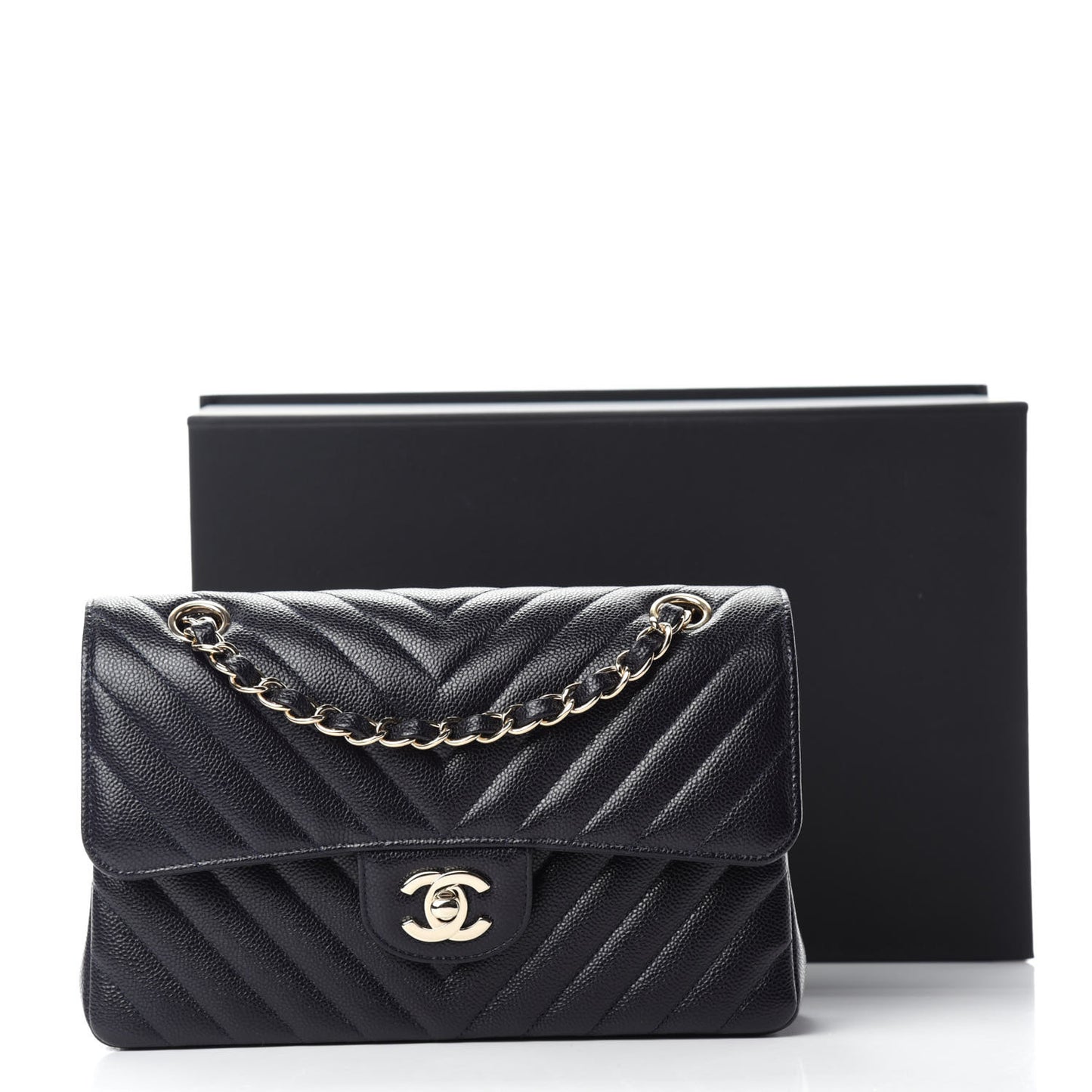 Caviar Chevron Quilted Small Double Flap Navy Blue