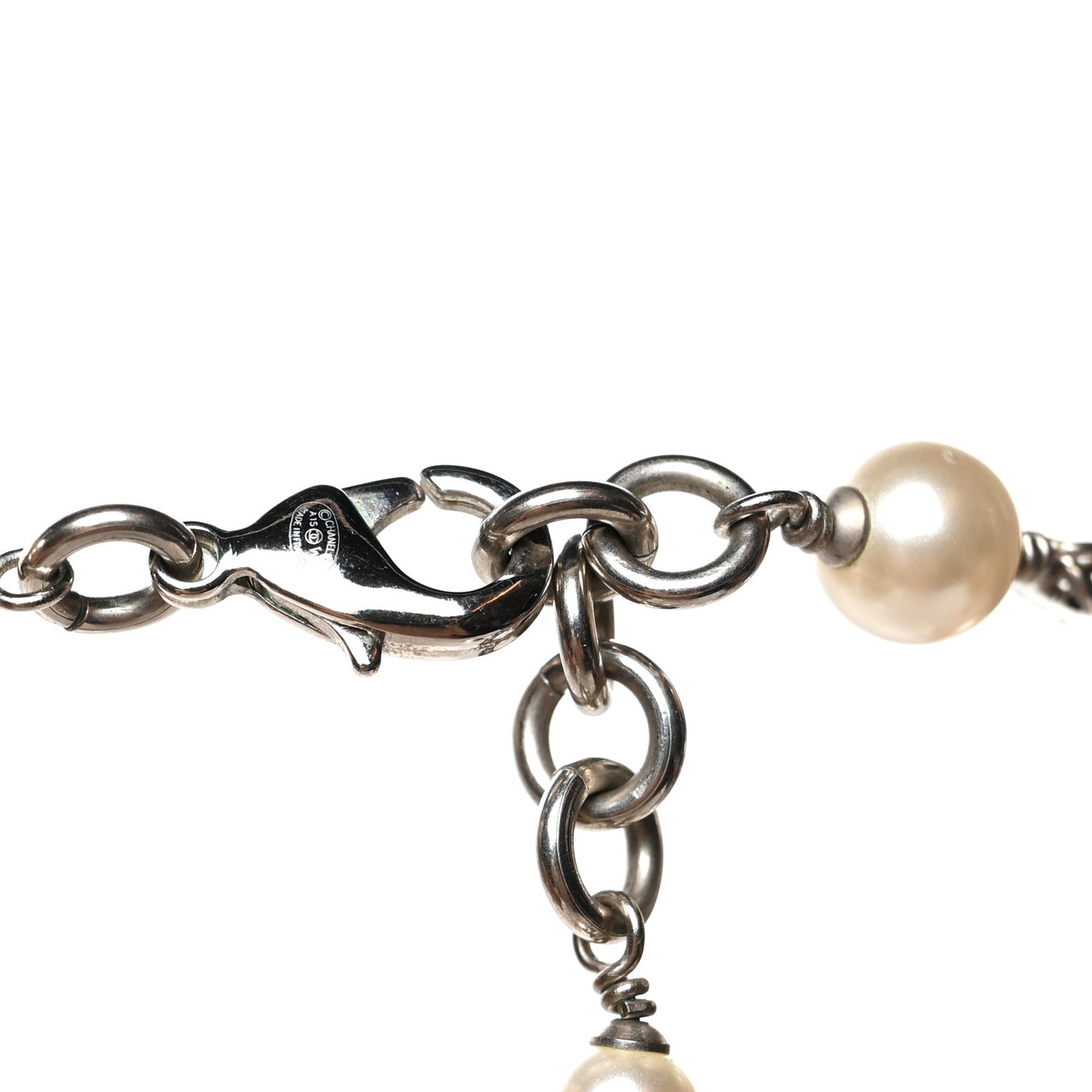 Graduated Pearl Crystal CC Long Necklace Silver