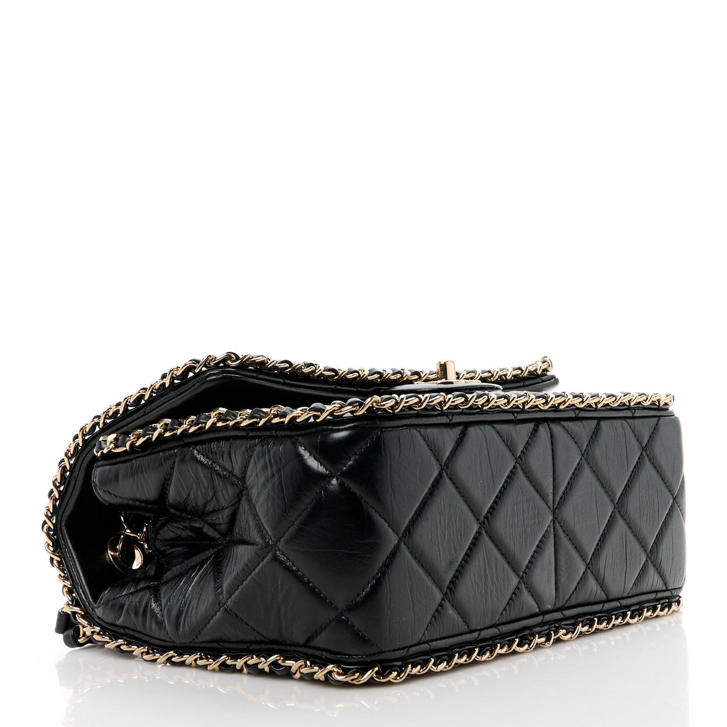 Crumpled Calfskin Medium Chain All Over Flap Black