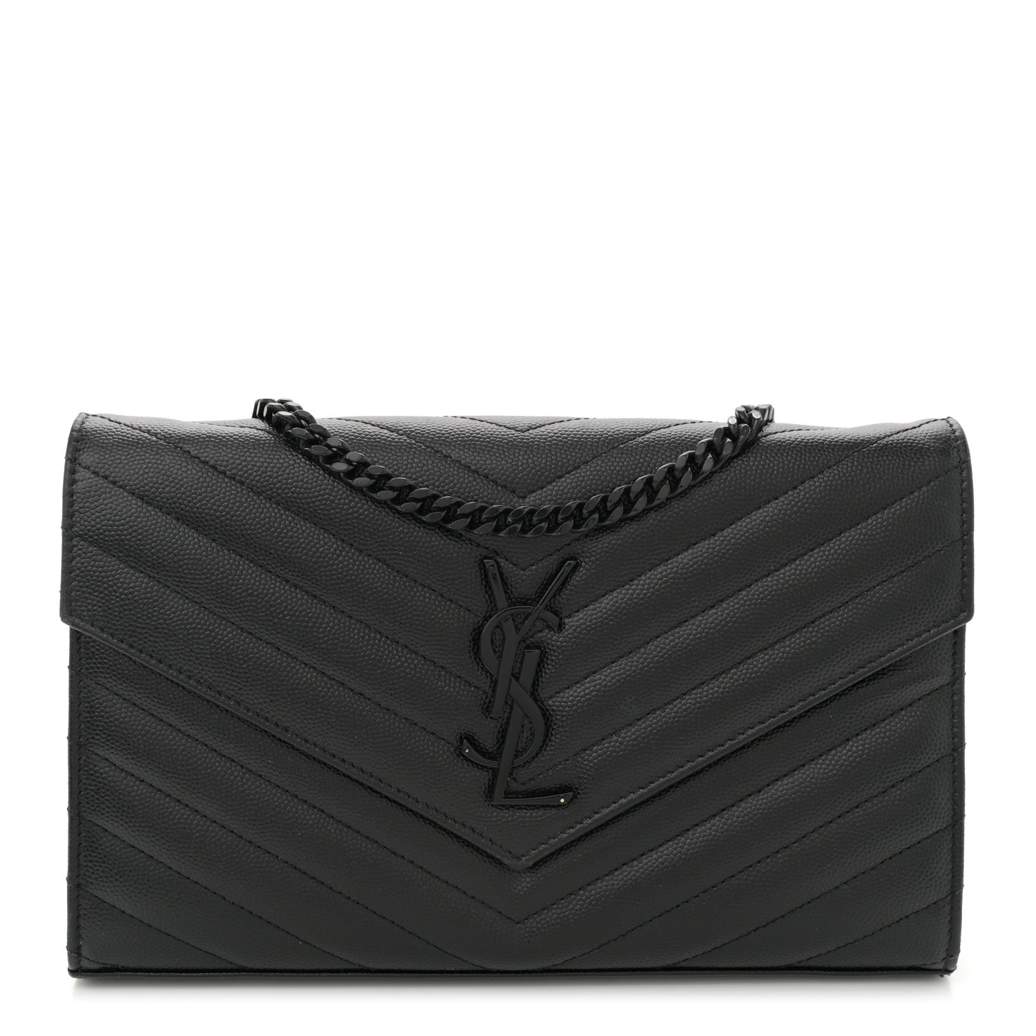 Saint Laurent Grain De Poudre Matelasse Chevron Monogram Monochrome Chain Wallet Black 1 of 11
