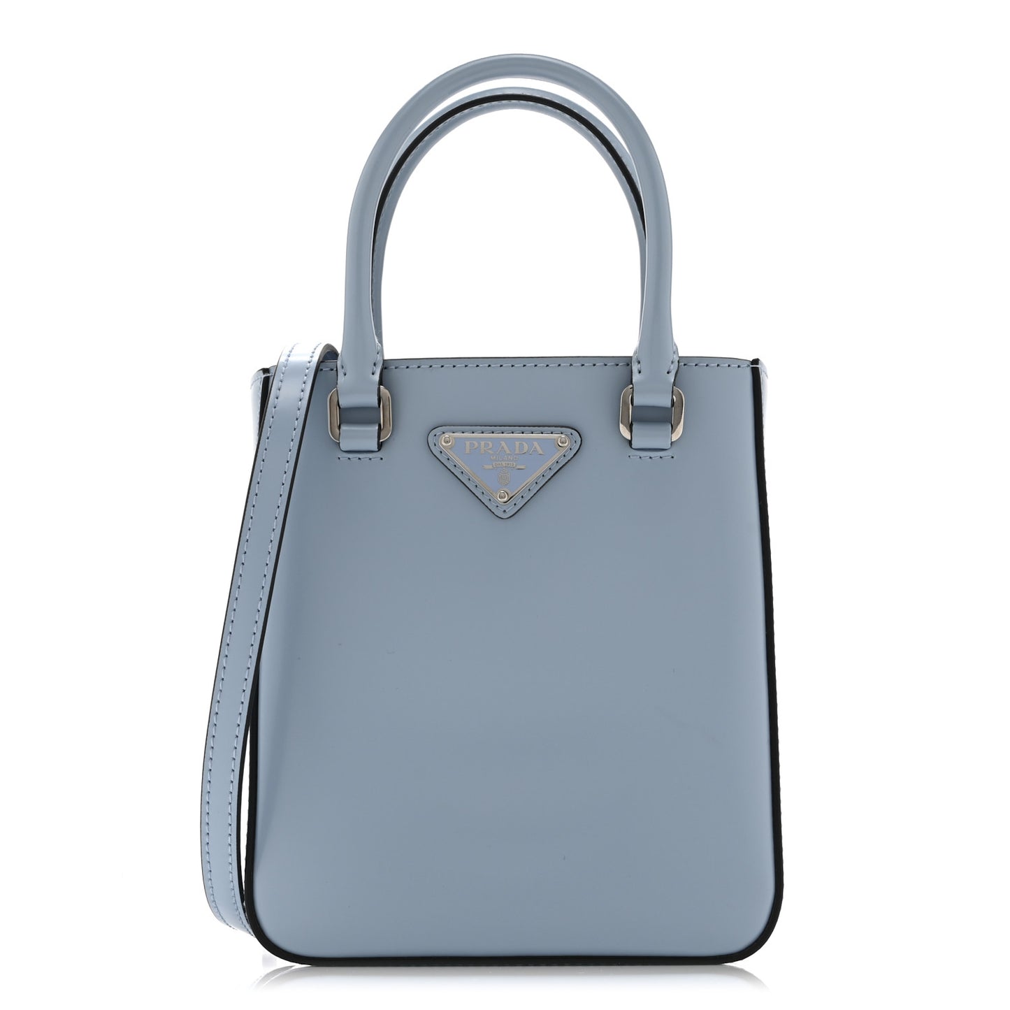 Spazzolato Metal Triangle Logo Small Double Handle Crossbody Tote Celeste Black