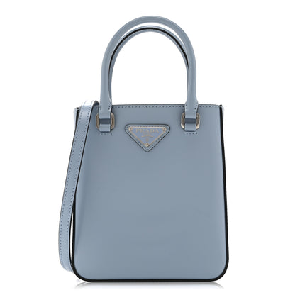 Prada Spazzolato Metal Triangle Logo Small Double Handle Crossbody Tote Celeste Black 1 of 10