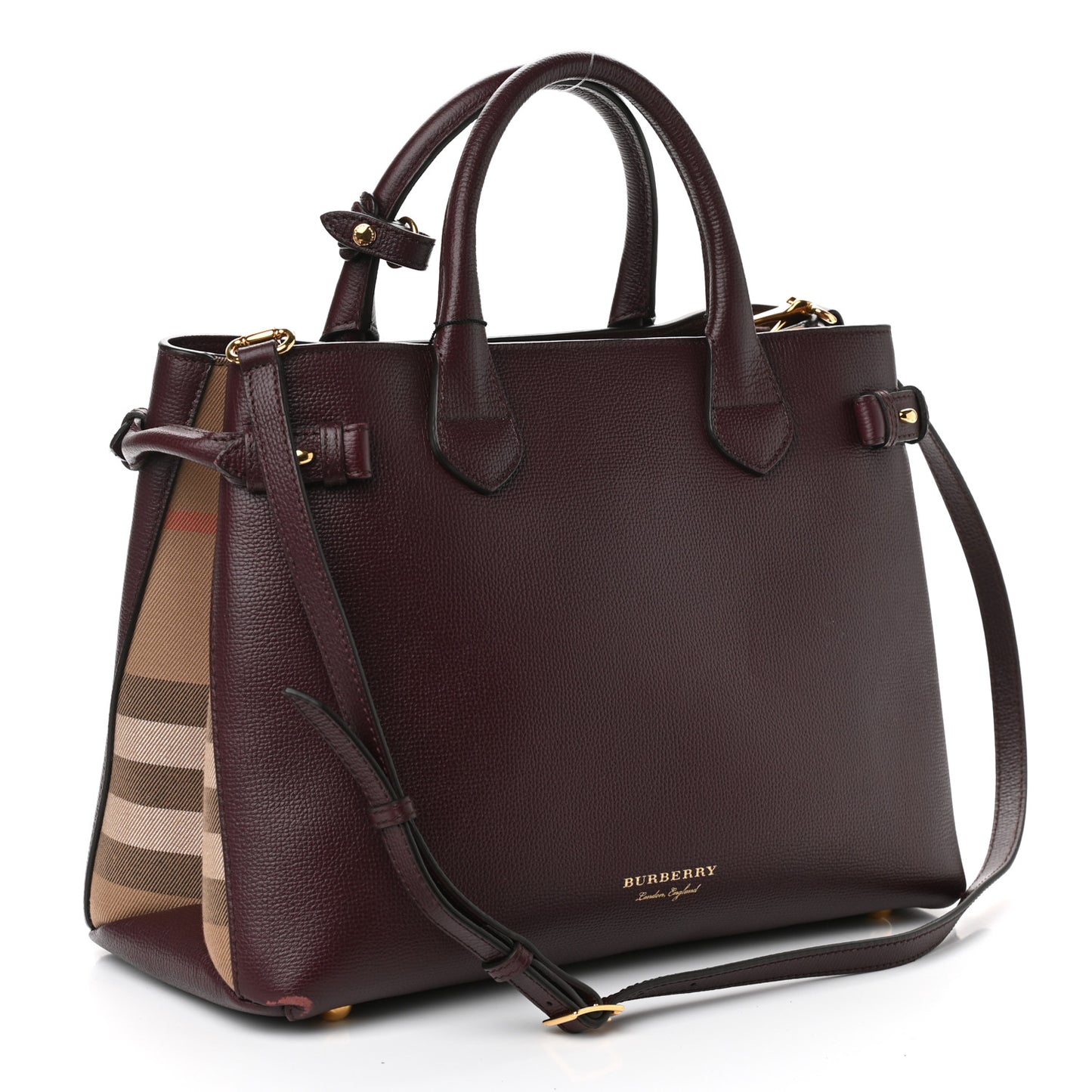 Grainy Calfskin House Check Medium Banner Tote Mahogany Red