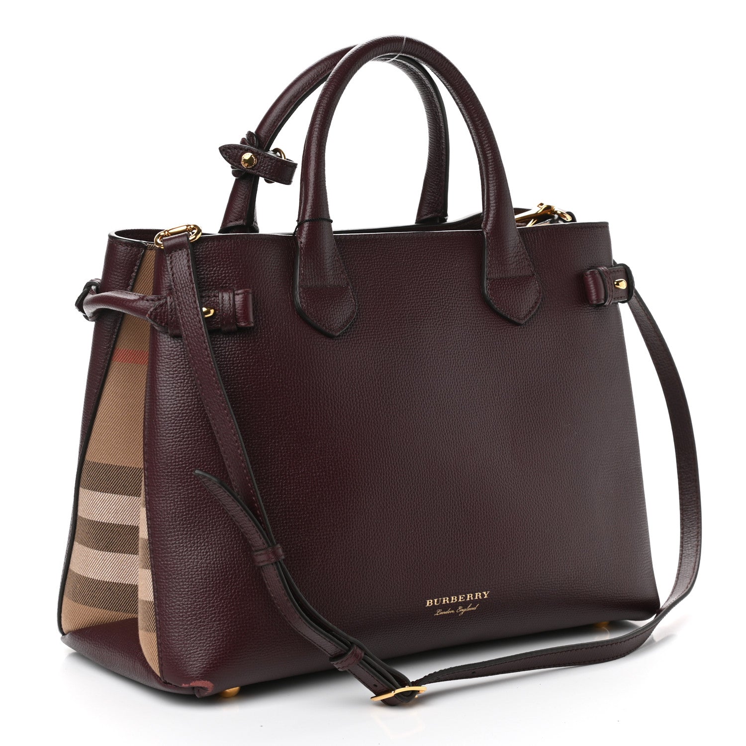 Burberry Grainy Calfskin House Check Medium Banner Tote Mahogany Red 3 of 12