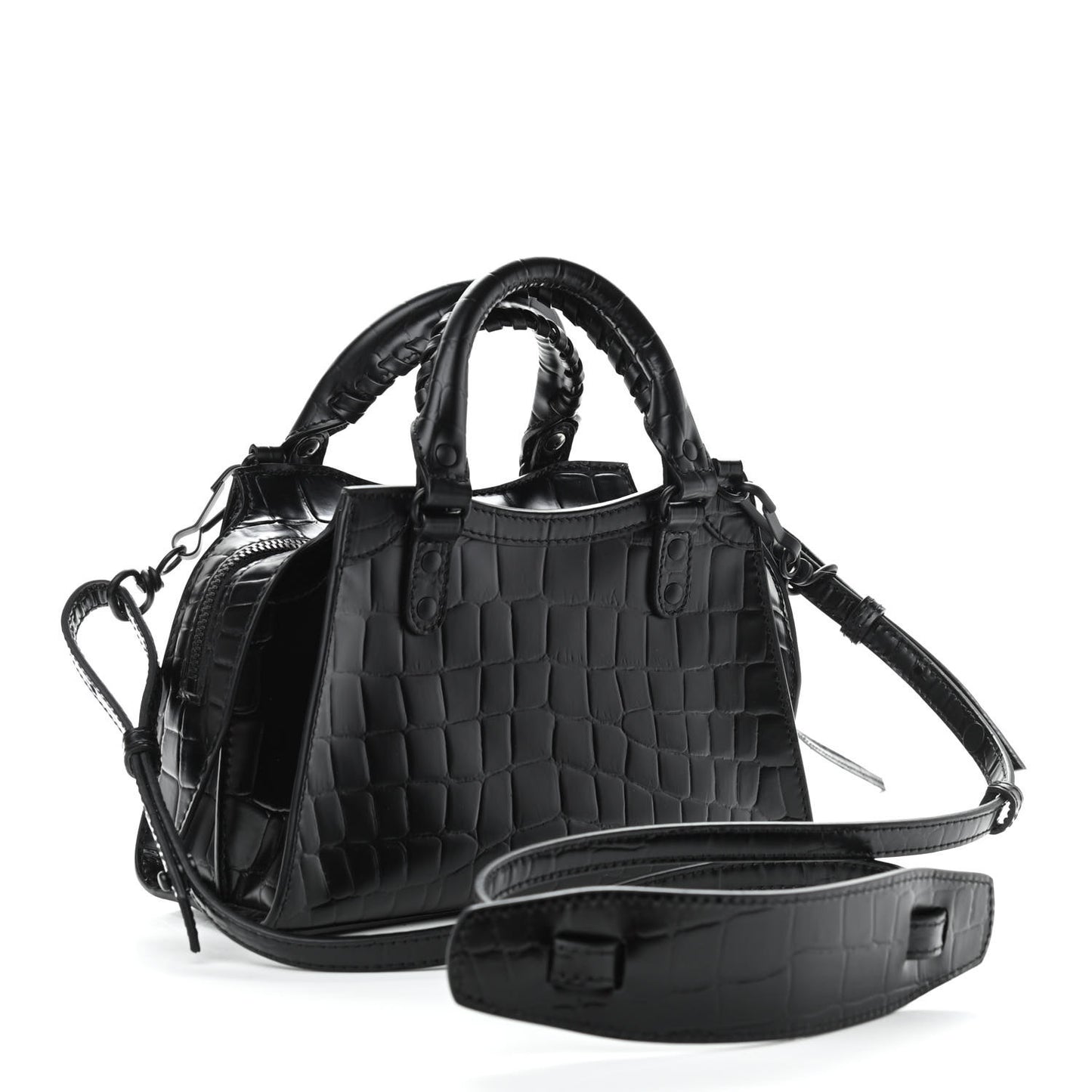 Semi Shiny Calfskin Crocodile Embossed Neo Classic Black Hardware Mini City Black