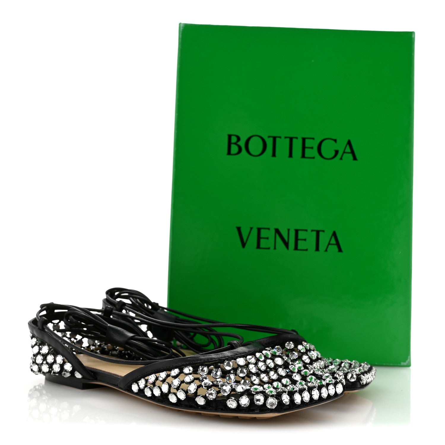 Bottega Veneta Mesh Nappa Crystal Embellished Sparkle Stretch Ankle Tie Flats 36 Black 9 of 9