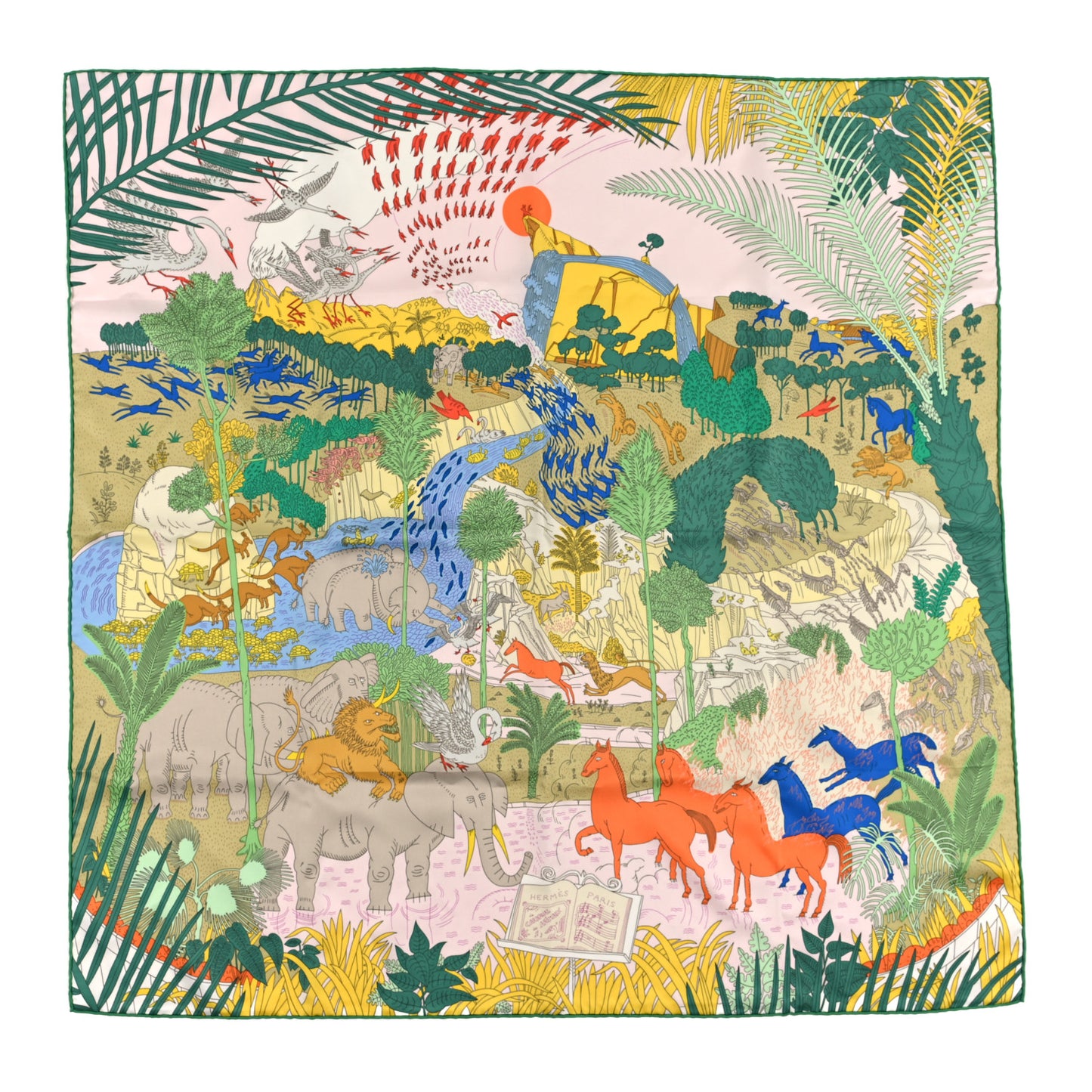 Silk Le Carnaval des Animaux Scarf 90 Rose Pale Vert Jaune