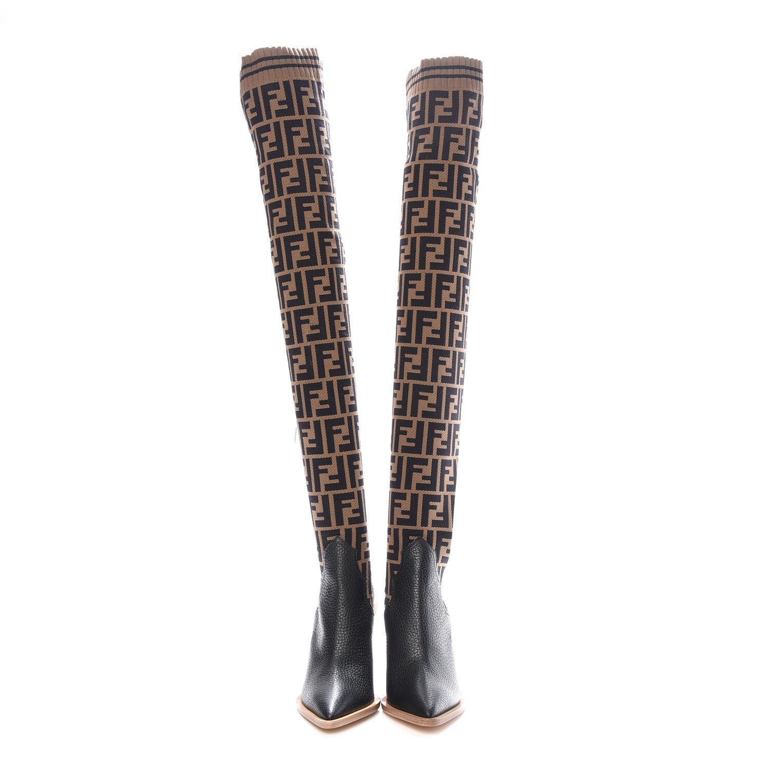 Fendi Stretch Fabric FF Cutwalk Thigh High Sock Boots 36 Tobacco Black 2 of 7
