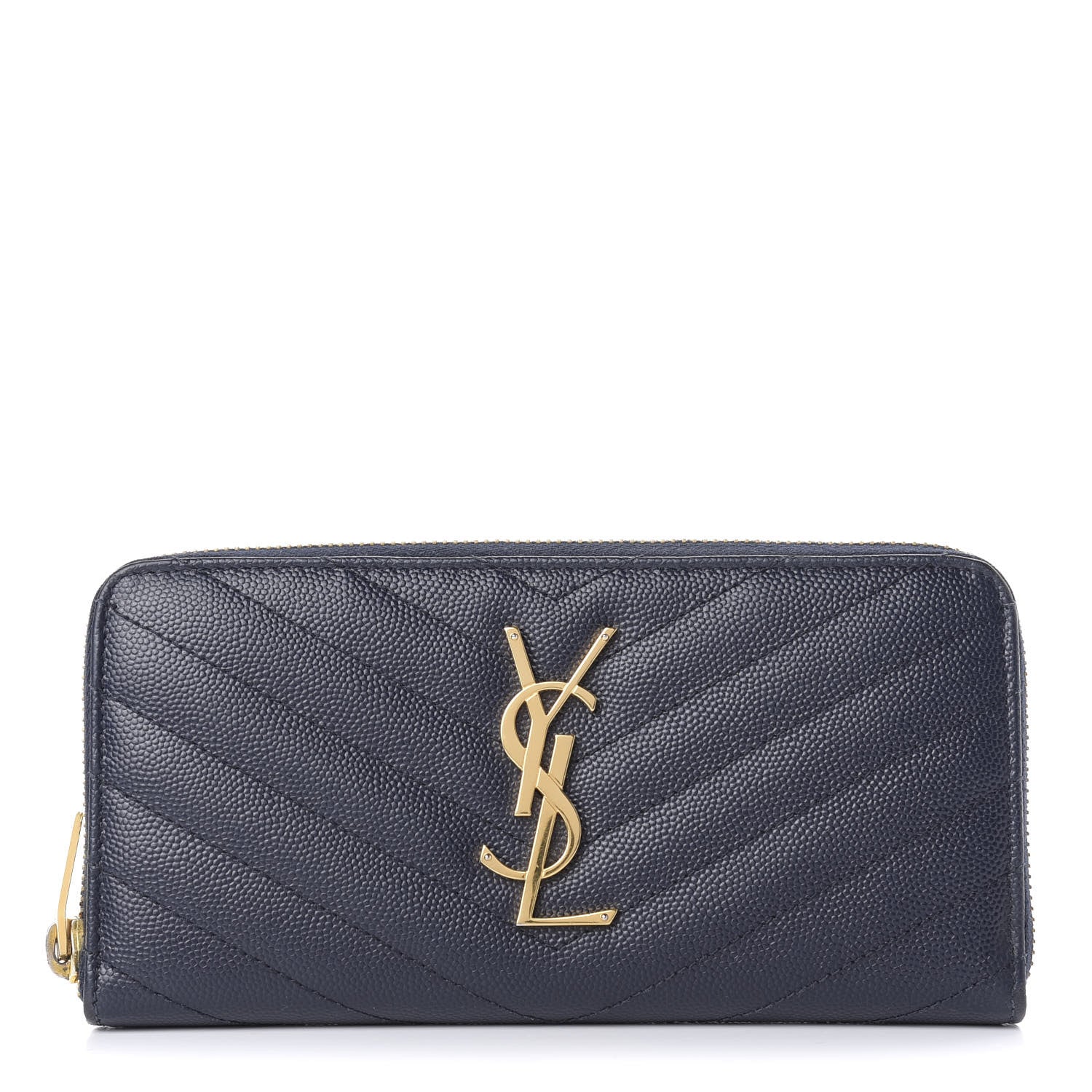 Saint Laurent Grain De Poudre Matelasse Chevron Monogram Zip Around Wallet Navy 1 of 11