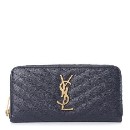 Saint Laurent Grain De Poudre Matelasse Chevron Monogram Zip Around Wallet Navy 1 of 11