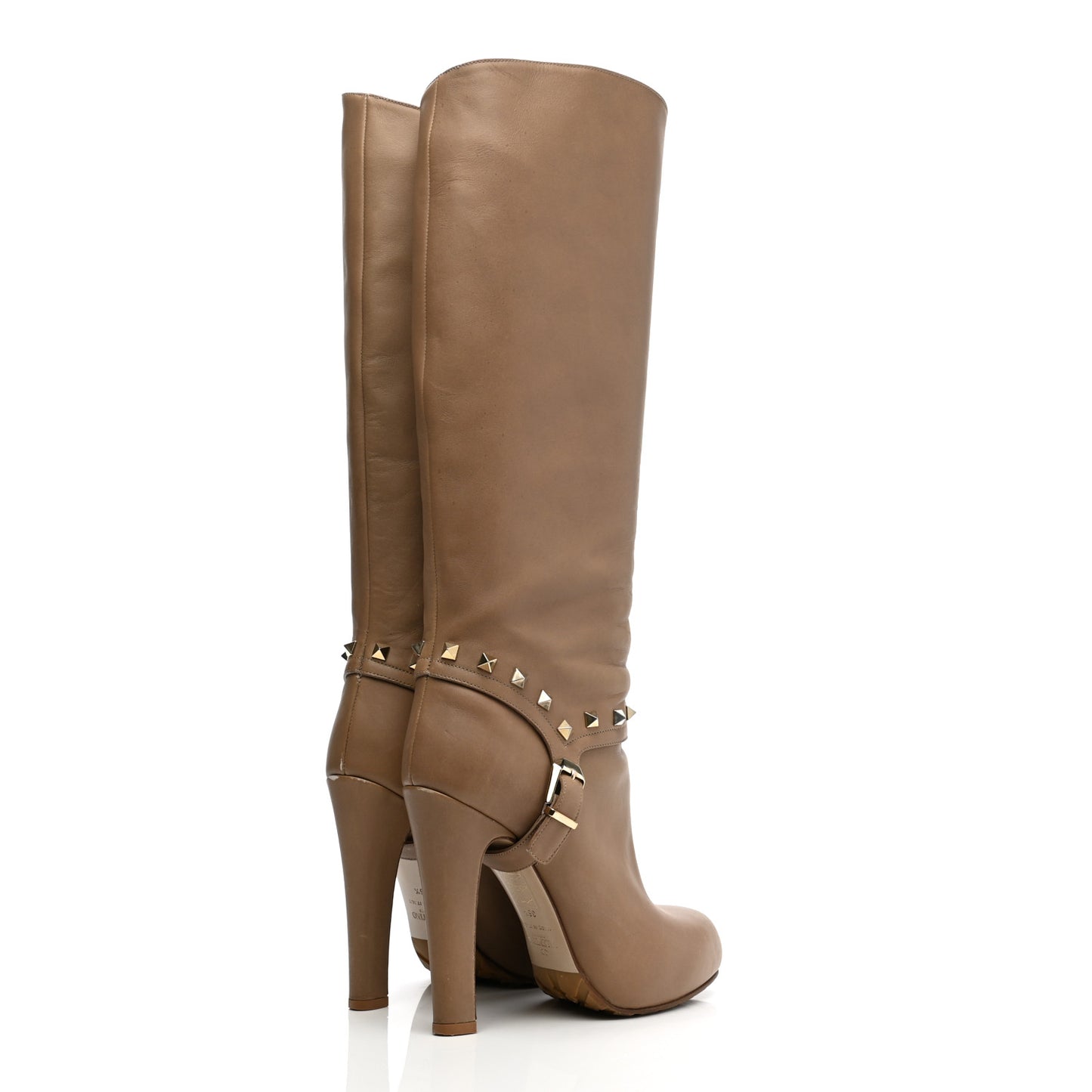 Calfskin Rockstud Knee High High Heel Boots 36.5 Tan