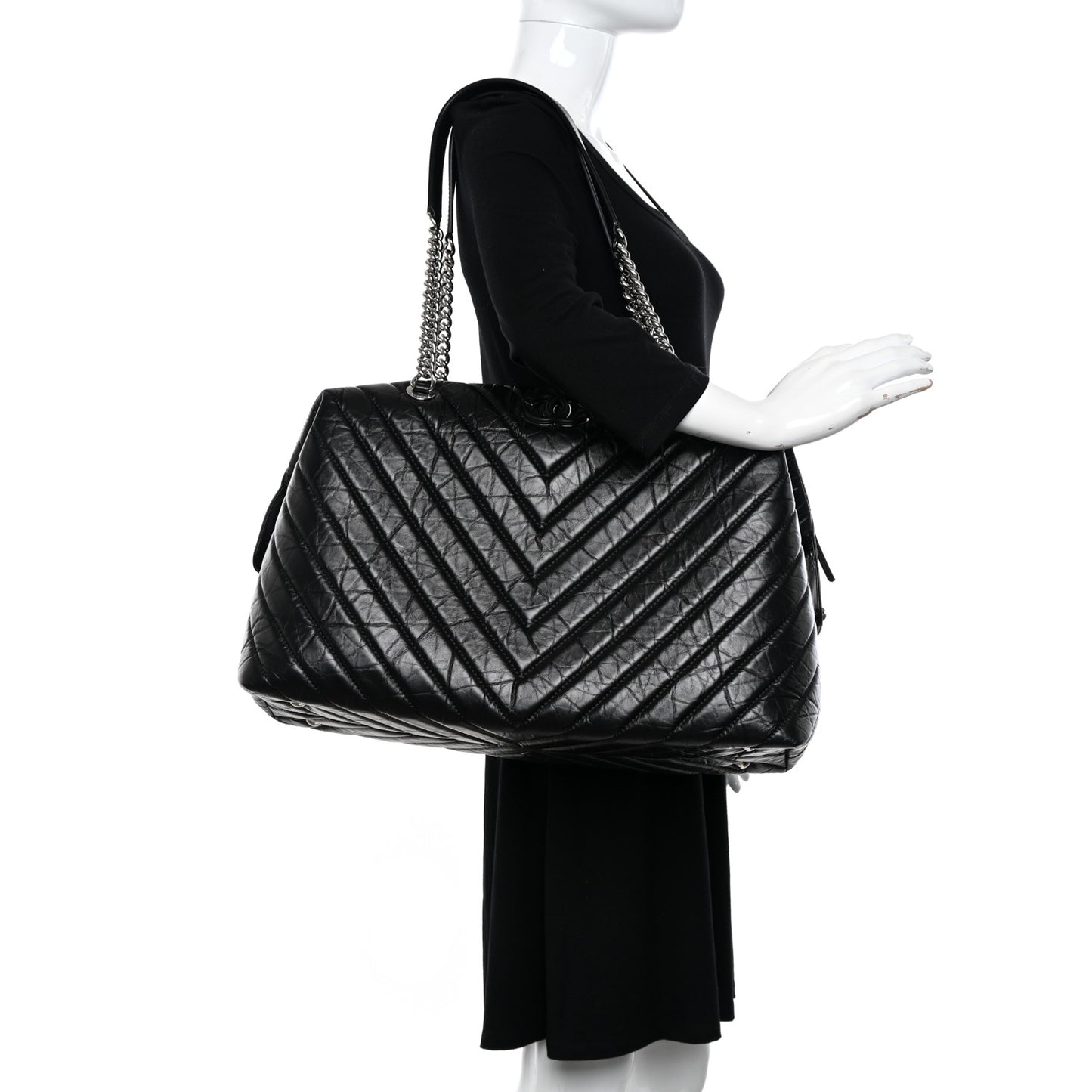 Aged Calfskin Chevron Quilted Duffle Bag Black