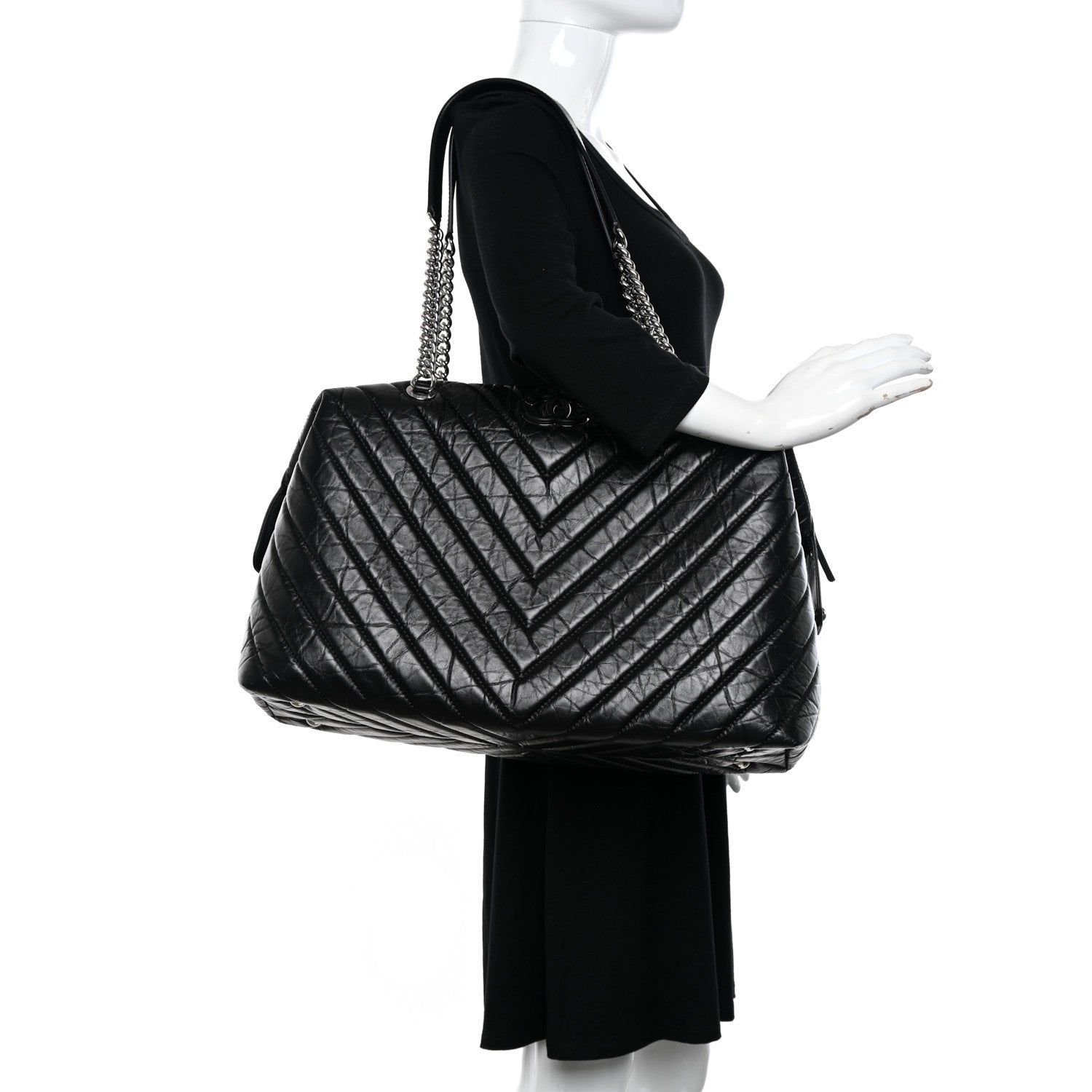 Chanel Aged Calfskin Chevron Quilted Duffle Bag Black 2 of 10