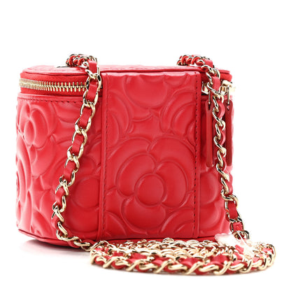 Chanel Lambskin Camellia Embossed Mini Vanity Case With Chain Red 3 of 11