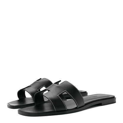 Hermes Box Calfskin Oran Sandals 37 Black 3 of 9