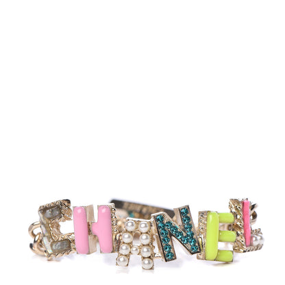 Chanel Metal Strass Enamel Pearl Logo Bracelet Gold Multicolor 1 of 8