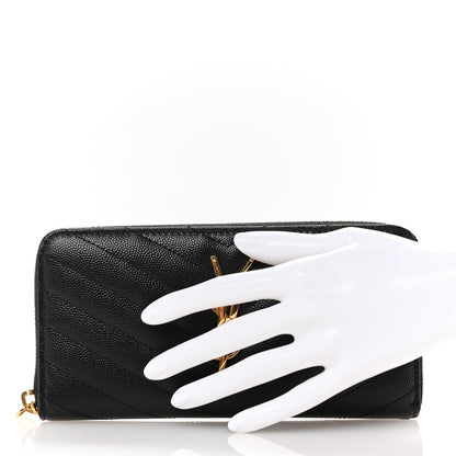 Saint Laurent Grain De Poudre Matelasse Chevron Monogram Zip Around Wallet Black 2 of 11