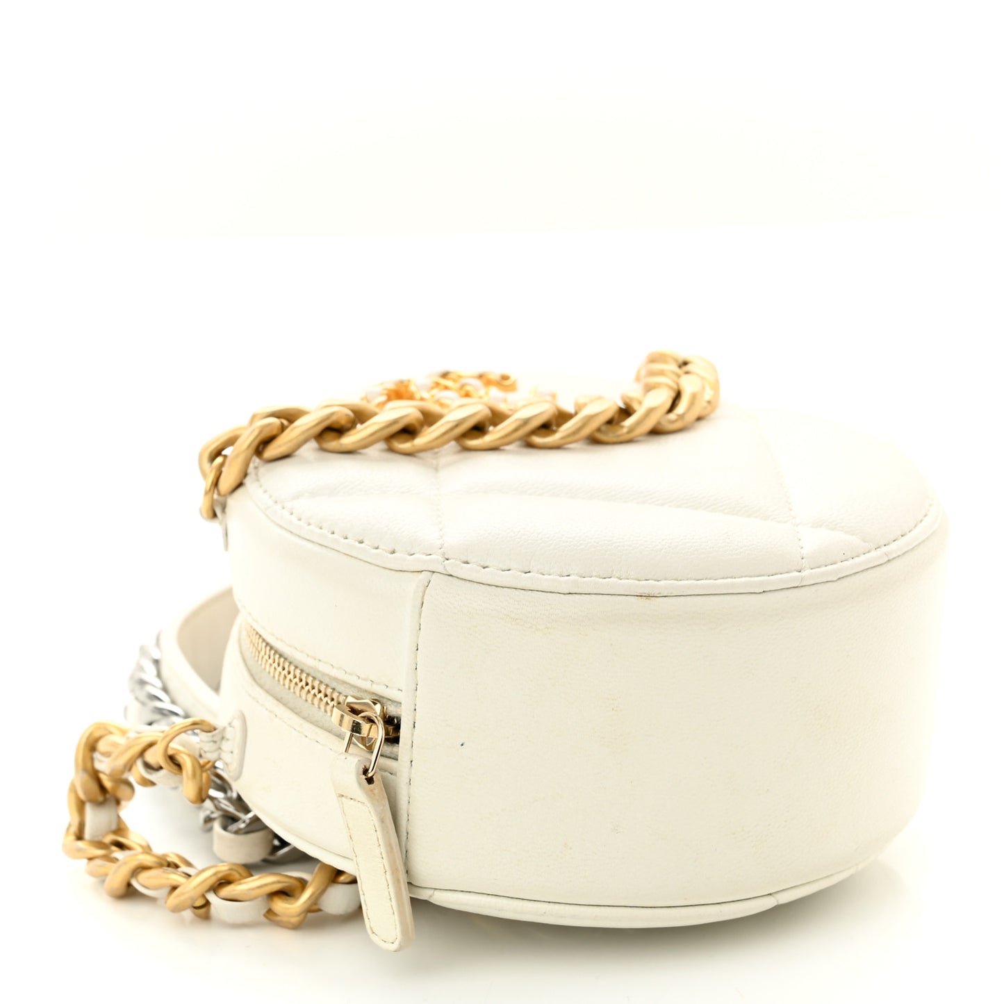 Goatskin Quilted Chanel 19 Round Clutch With Chain White