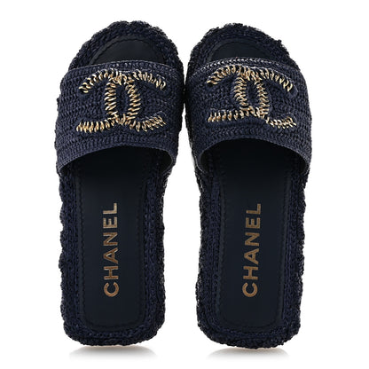 Chanel Braided Cord CC Espadrille Slip On Sandals 38 Navy Blue 2 of 10