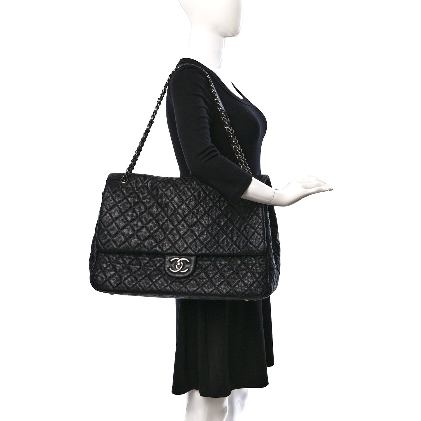 Calfskin Quilted XXL Travel Flap Bag Black