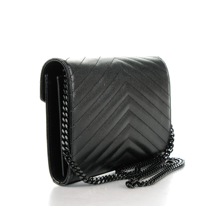Saint Laurent Grain De Poudre Matelasse Chevron Monogram Chain Wallet Black 3 of 8