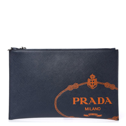 Prada Saffiano Logo Flat Pouch Baltico 1 of 7