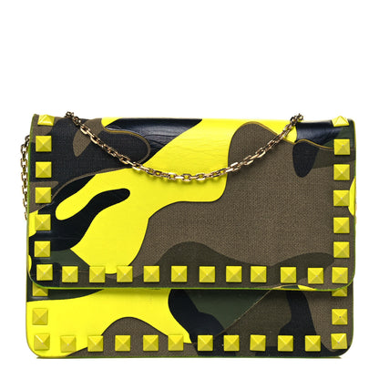Valentino Garavani Nappa Canvas Camouflage Rockstud Chain Flap Crossbody Bag Fluo Yellow Multicolor 1 of 9