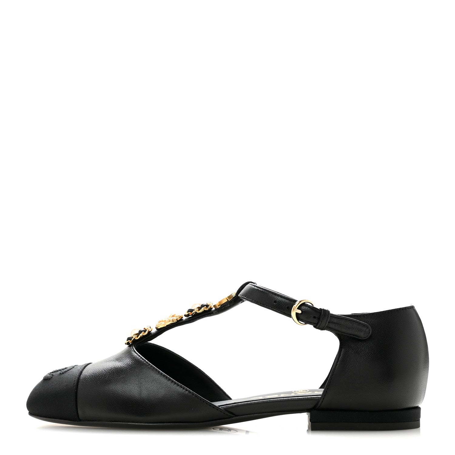 Chanel Lambskin Grosgrain Cap Toe Pearl CC Mary Jane Flats 36 Black 1 of 10