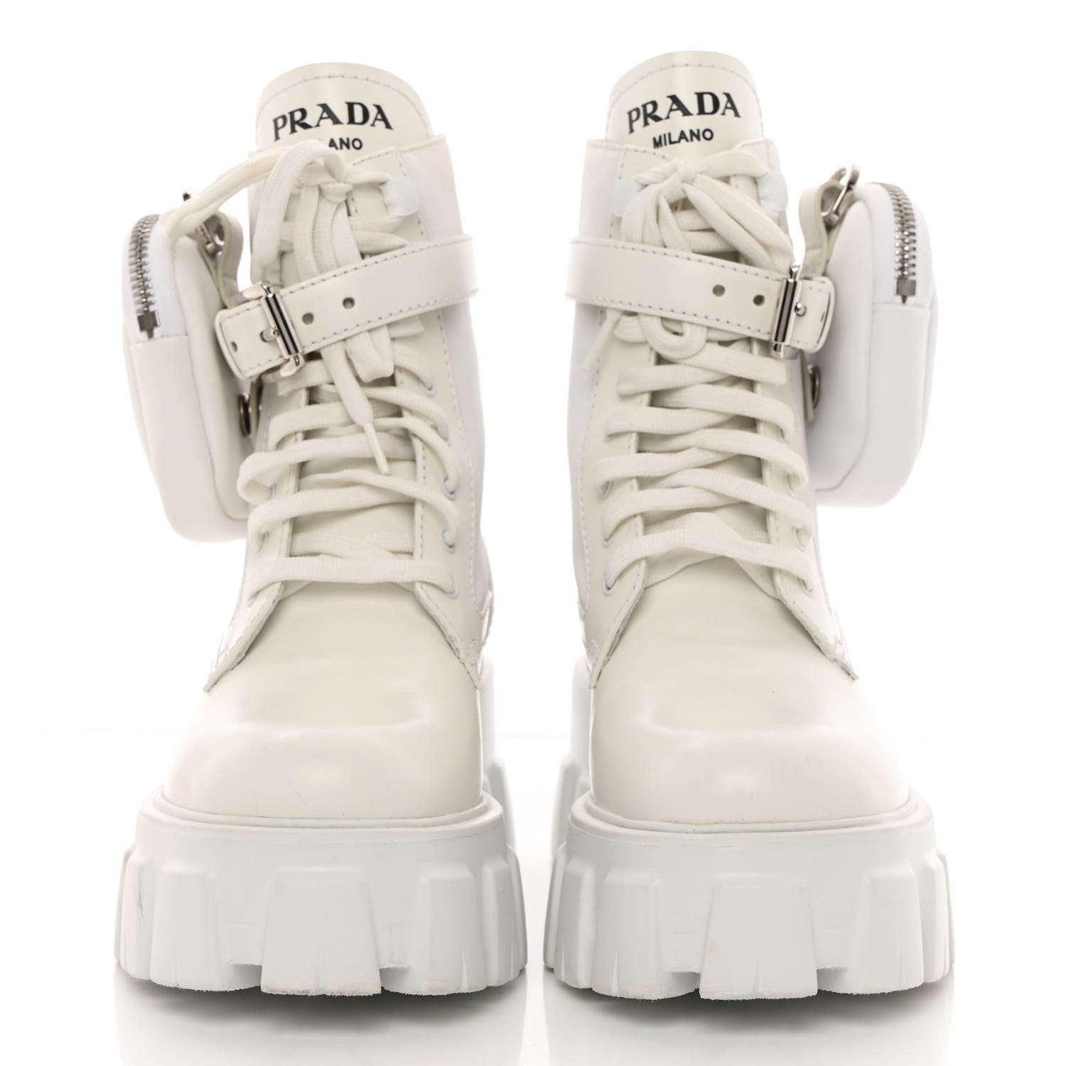 Prada Spazzolato Rois Re-Nylon Metal Triangle Logo Monolith Pouch Pocket 55mm Boots 35 White 2 of 16
