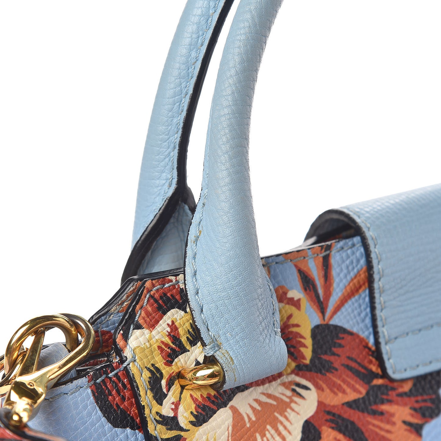 Soft Grain Calfskin Floral Print Small Buckle Tote Peony Rose Pale Blue Vibrant Orange
