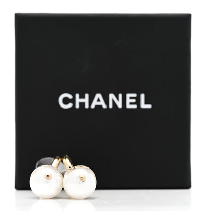 Chanel Pearl Crystal CC Drop Earrings Gold Pearly White 5 of 5