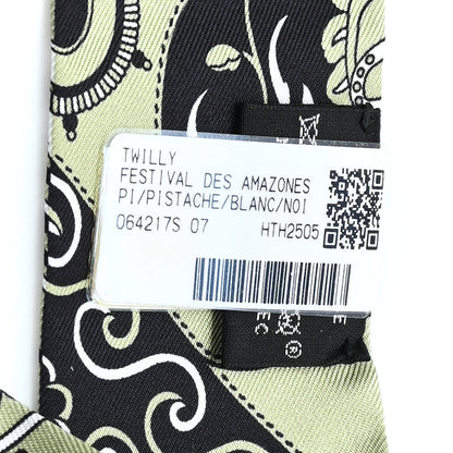 Hermes Silk Festival Des Amazones Twilly Pistachio Black White 3 of 3