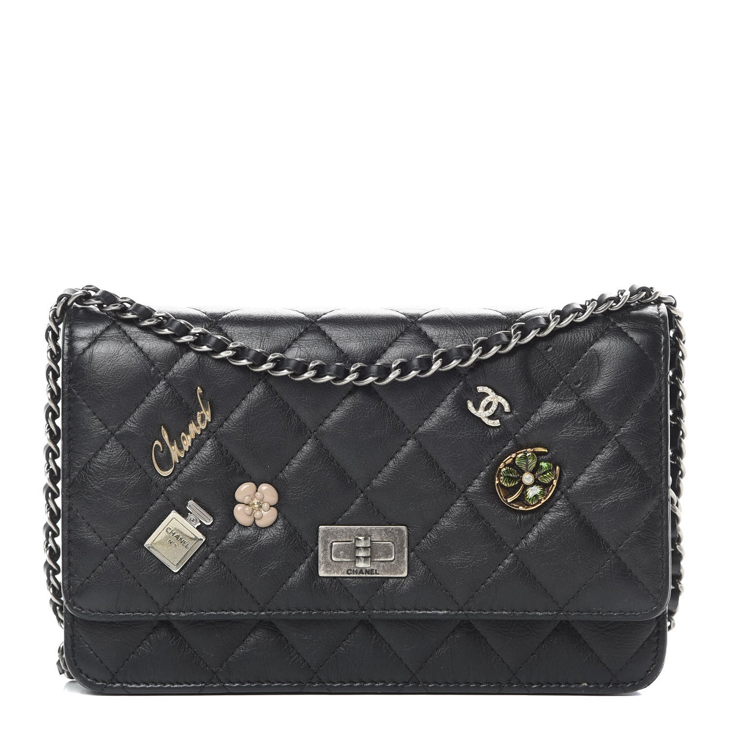 Aged Calfskin Lucky Charms Casino 2.55 Reissue Wallet on Chain WOC Black